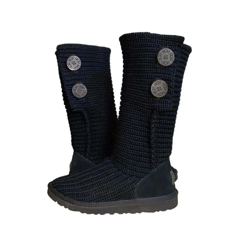 Ugg Classic Cardy Chunky Ribbed Knit & Suede Black Convertible Pull-On Boots